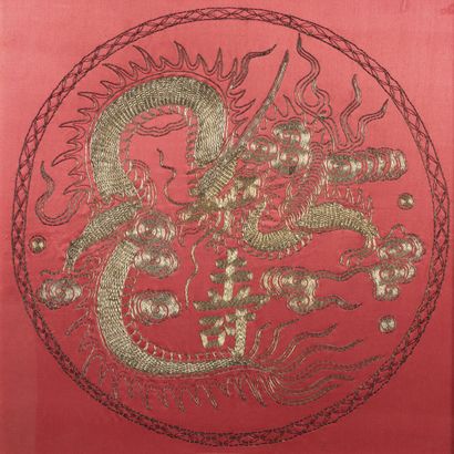 null Square embroidery in high relief in gold thread on a red silk background. Decoration...