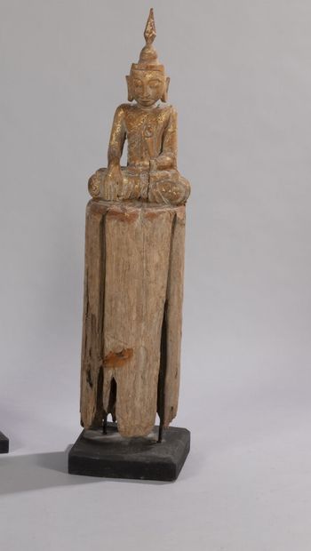 null Gilded wood sculpture depicting Buddha seated in meditation in the position...