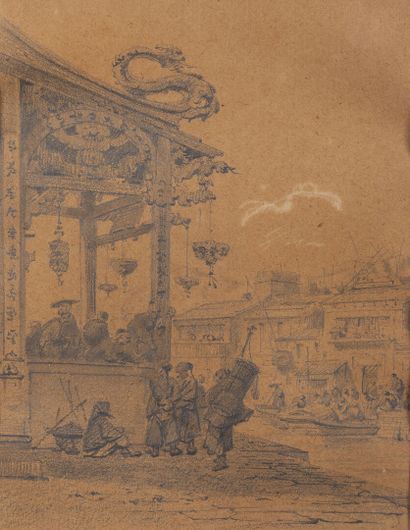 null Auguste BORGET (1808-1877)

Hommes Qing réunis près d'un temple en bord de rivière

Crayon...