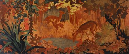 null School of Thu Do Maut

Stag drinking with doe and her fawn.

Wooden panel in...