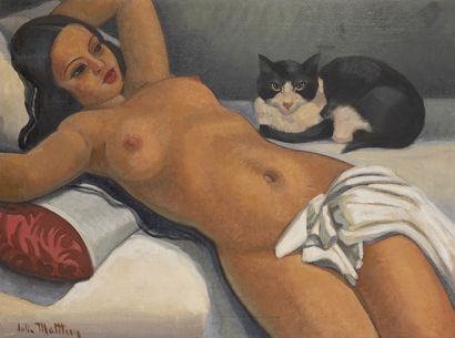 null Gill-Julien MATTHEY (1889-1956). 

Nu au chat

Huile sur toile encadrée, signée...