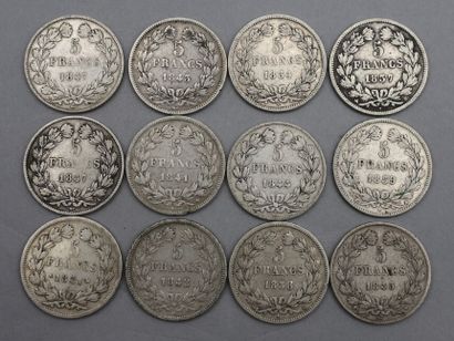 null Lot de 12 pièces de 5 Francs en argent. Type Louis-Philippe Ier, roi des Français,...