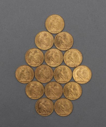 null Lot de 15 pièces de 20 Francs en or. Type Marianne, d'après Jules-Clément Chaplain....