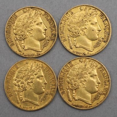 null Lot de 4 pièces de 20 Francs en or. Type Cérès, d'après Louis Merley. Atelier...