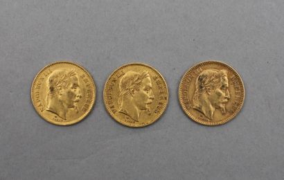 null Lot de 3 pièces de 20 Francs en or. Type Napoléon III, tête laurée, d'après...