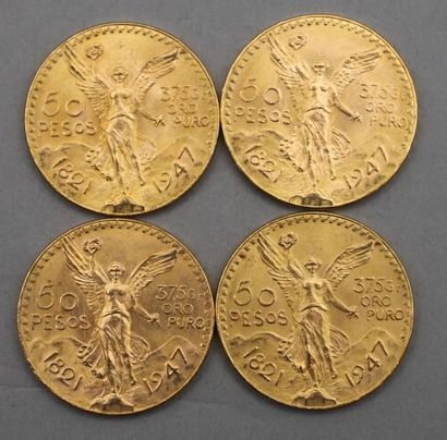 null Lot de 4 pièces de 50 Pesos en or. Type Centenaire 1821-1947.

Poids : 166,6...