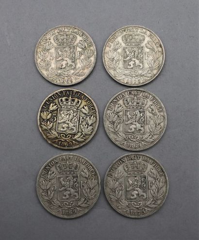 null Lot de 6 pièces de 5 Francs en argent. Type Léopold II, roi des Belges, d'après...