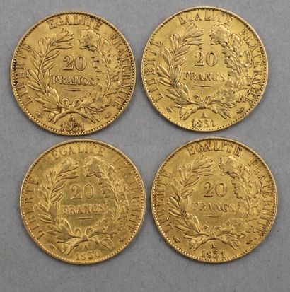 null Lot de 4 pièces de 20 Francs en or. Type Cérès, d'après Louis Merley. Atelier...