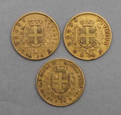 null Lot de 3 pièces de 20 Lire en or. Type Victor-Emmanuel, d'après Giuseppe Ferraris....