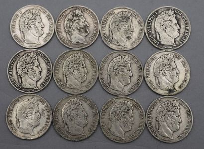 null Lot de 12 pièces de 5 Francs en argent. Type Louis-Philippe Ier, roi des Français,...