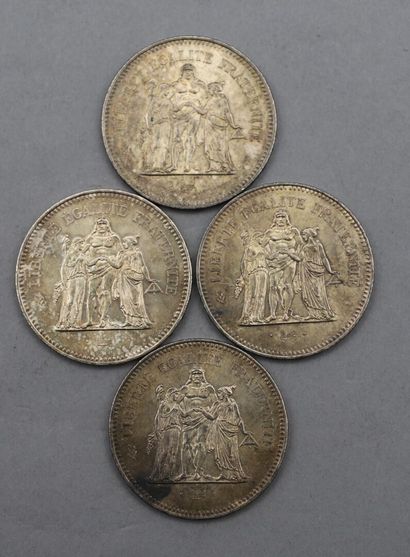 null Lot de 4 pièces de 50 Francs en argent. Type Hercule, d'après Augustin Dupré....