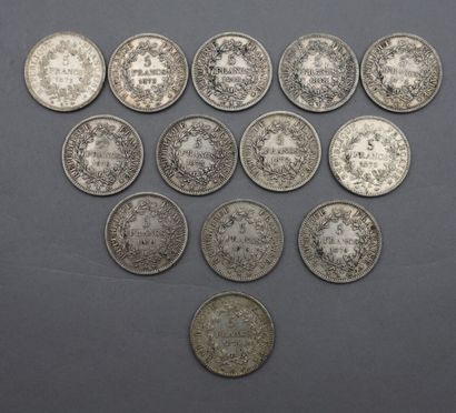 null Lot de 13 pièces de 5 Francs en argent. Type Hercule, d'après Augustin Dupré....