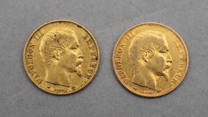 null Lot de 2 pièces de 20 Francs en or. Type Napoléon III, tête nue, d'après Albert-Désiré...