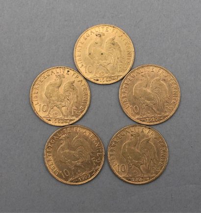 null Lot de 5 pièces de 10 Francs en or. Type Marianne, d'après Jules-Clément Chaplain....