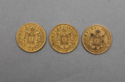 null Lot de 3 pièces de 20 Francs en or. Type Napoléon III, tête laurée, d'après...
