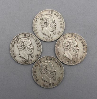 null Lot de 4 pièces de 5 Lire en argent. Type Victor-Emmanuel II, d'après Giuseppe...