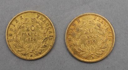 null Lot de 2 pièces de 20 Francs en or. Type Napoléon III, tête nue, d'après Albert-Désiré...