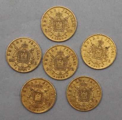 null Lot de 6 pièces de 20 Francs en or. Type Napoléon III, tête laurée, d'après...