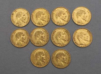 null Lot de 10 pièces de 20 Francs en or. Type Napoléon III, tête nue, d'après Albert-Désiré...