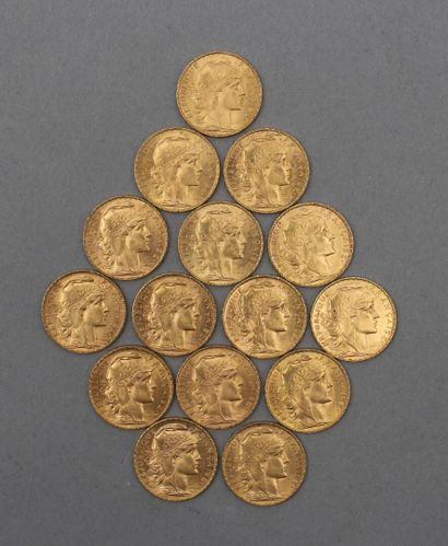 Lot de 15 pièces de 20 Francs en or. Type...