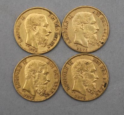 null Lot de 4 pièces de 20 Francs en or. Type Léopold II, roi des Belges, d'après...