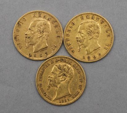 Lot de 3 pièces de 20 Lire en or. Type Victor-Emmanuel,...