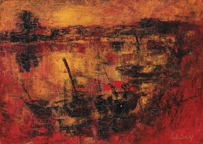 null Dang LEBADANG (1921-2015). 

Sampans at the river's edge.

Oil on canvas signed...