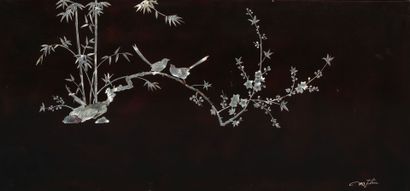 null Birds on branches and Immortals.

Pair of lacquered wood panels with a black...