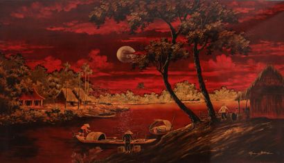 null HOANG NGOC. 

Sampans near a village.

Red and gold polychrome lacquer panel...