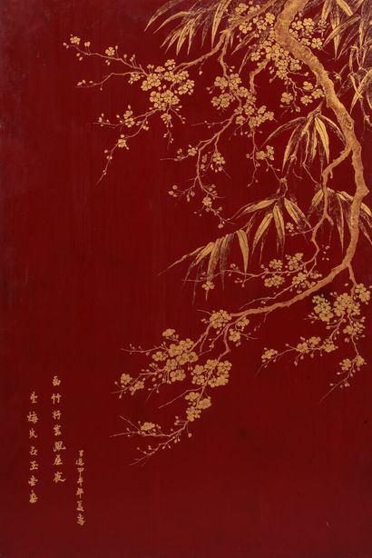 null School of Thu Dau Mot, 1954.

Red lacquered wood panel with gilded decoration...
