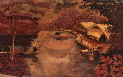 null School of Thu Dau Mot.

Fishing with a net. 

Polychrome lacquer panel.

Around...