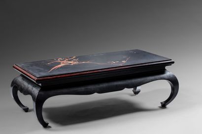 null Lacquered wood coffee table decorated with two stylized birds on a plum tree...