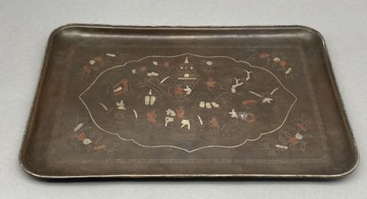 null Rectangular tray in bronze circled with silver, decorated with copper and silver...