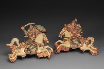 null BIEN HOA. 

Pair of stoneware riders partially enamelled in polychrome. Mark...