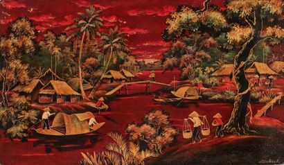 null Lê THANH, 

Village scene,

Polychrome and gold lacquer, signed lower right.

Second...