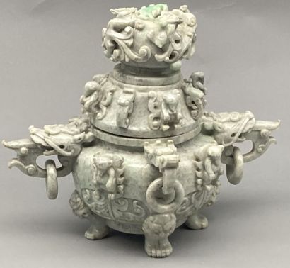 Nephrite celadon carved covered tripod incense...