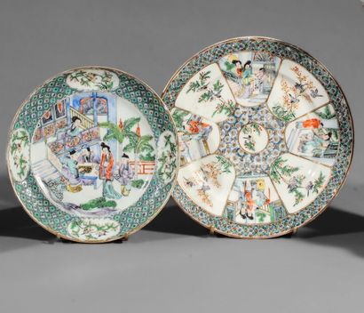 null Set of two circular porcelain plates. Polychrome decoration in enamels of the...