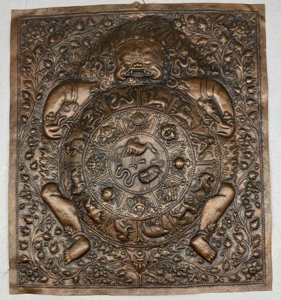 null Rectangular plate in embossed copper showing an astrological calendar "Srid-pa-ho"....