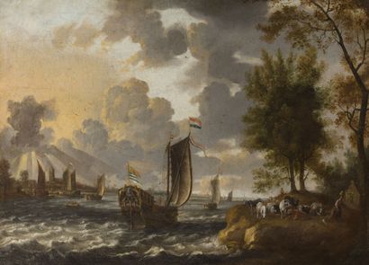 null Ecole hollandaise vers 1680
Estuaire animé de navires et d'un troupeau. 
Huile...