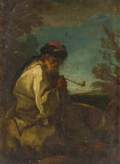 null École vénitienne du XVIIIe siècle
Fumeur au turban assis sur un rocher
Huile...