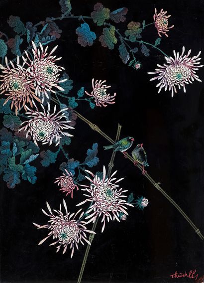 THANH LE (1919-2003). 
Chrysanthèmes et oiseaux....