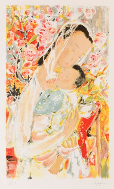 null LÊ PHO (1907-2001).
Bouquet de fleurs de cerisiers dans un vase et maternité.
Réunion...