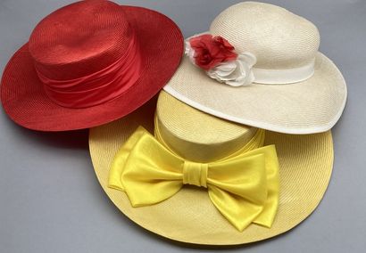 Lot of three circular straw hats in yellow,...