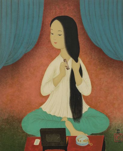 null MAI THU (1906-1980). 
The toilet. 
Print in colors on silk framed dedicated...