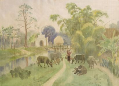 null CONG THANH (20th century). 
Buffaloes and a carrier in the Hanoi region. 
Painting...