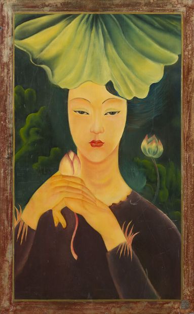 Portrait de femme au lotus. 
Panneau en bois...