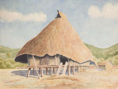 null M. REDIER (20th century)
View of Muong huts. 
Meeting of two watercolors on...