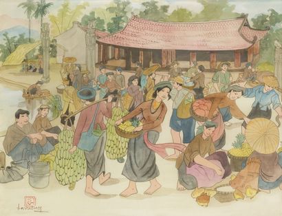 null VUONG (20th century).
Market scene.
Painting on silk framed, signed lower left...