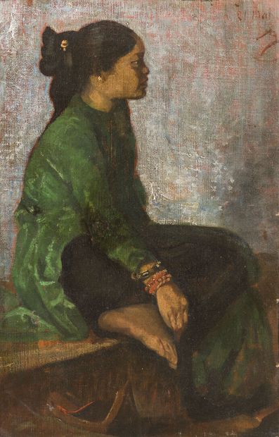 null School of the painters travelers. 
Portrait of a young woman in Hanoi. 
Oil...