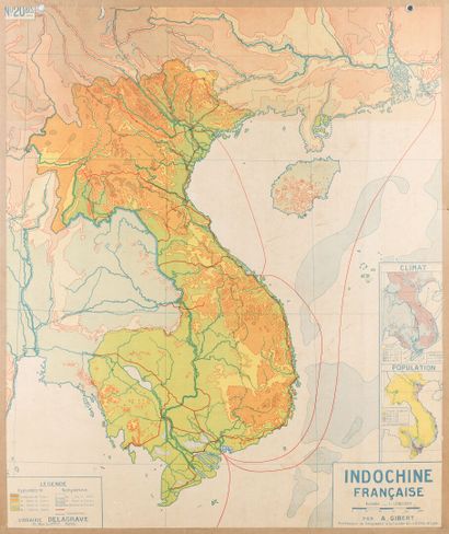null 1938.
Carte scolaire de l'Indochine Française. 
Carte imprimée en couleur n°20....